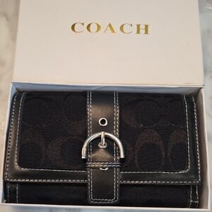 NEVER USED Coach Black Signature Canvas and Leather Wallet with Silver Buckle